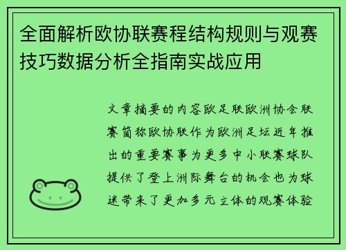 全面解析欧协联赛程结构规则与观赛技巧数据分析全指南实战应用 全面解析欧协联赛程结构规则与观赛技巧数据分析全指南实战应用